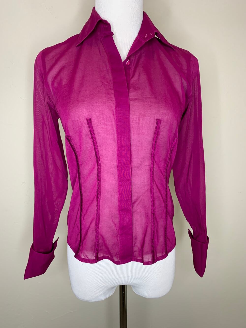 Ann Taylor Sheer Fuchsia Button-Up Blouse